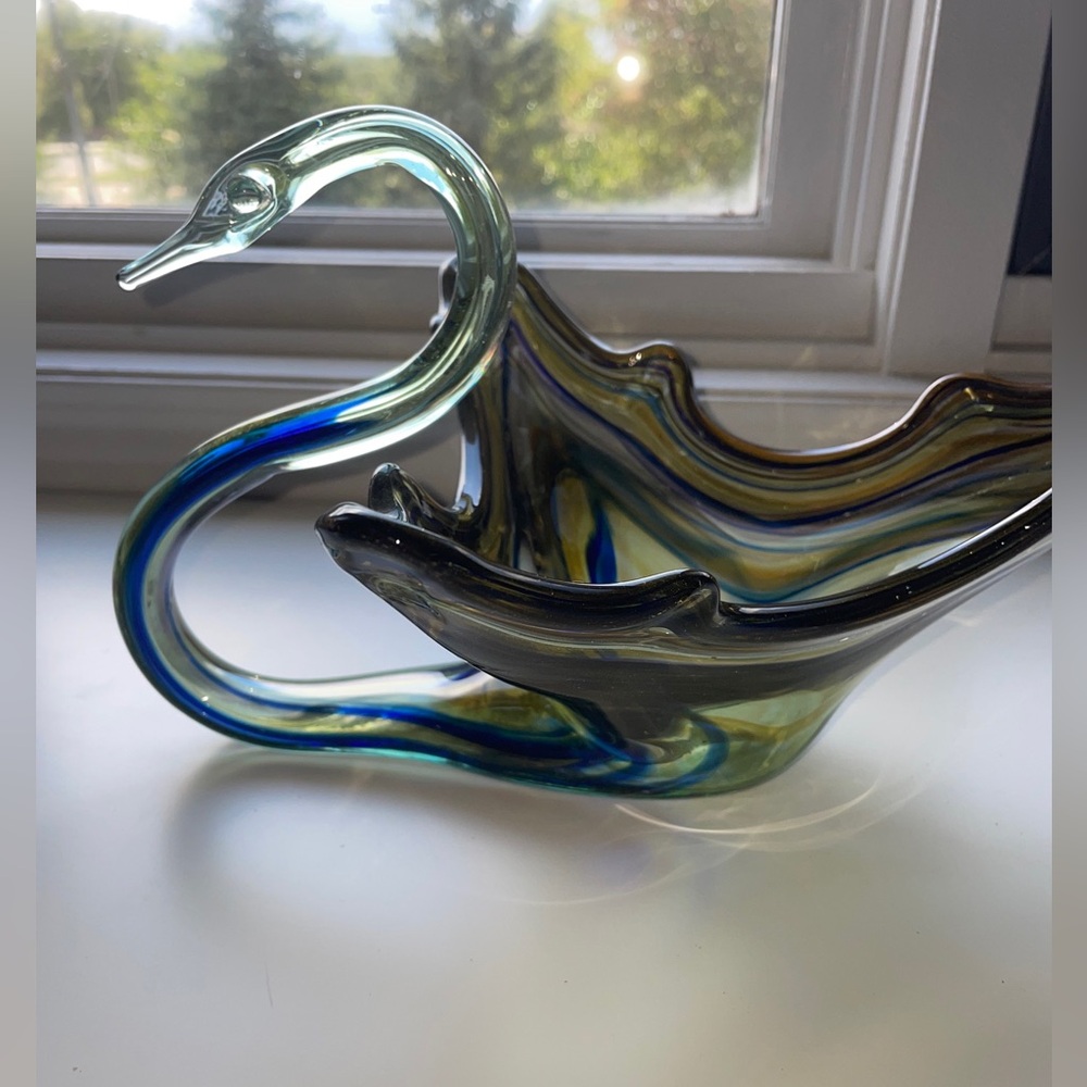 VTG Hand Blown Sooner Glass Swan Vase Bowl Yellow Blue Green Swirl 12x8x7 LWH